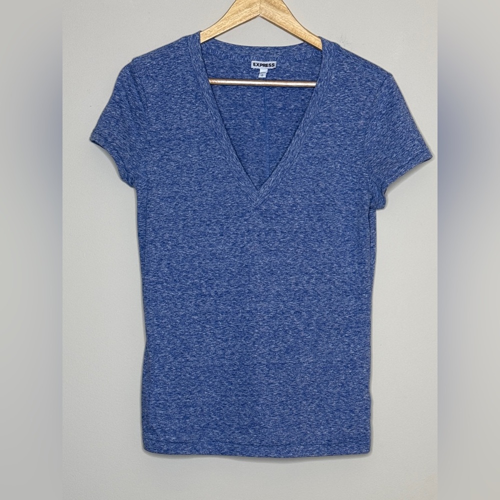 Express Blue Fitted V-Neck Short Sleeve Tee